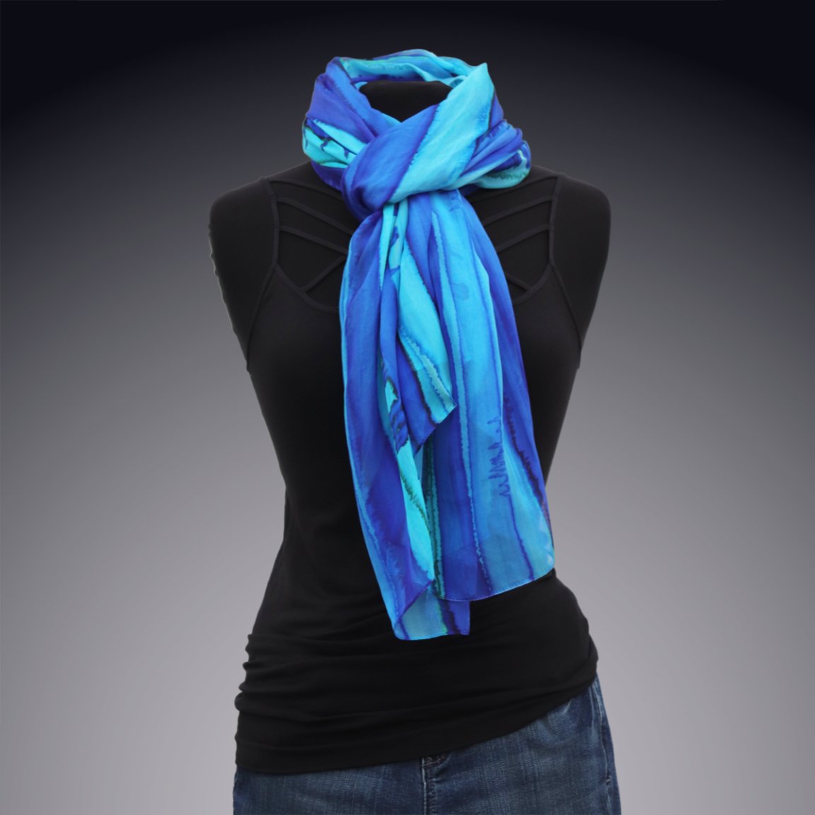 Large Silk Gauze Scarf Painted Blue Stripes Print | Nancy Wilder